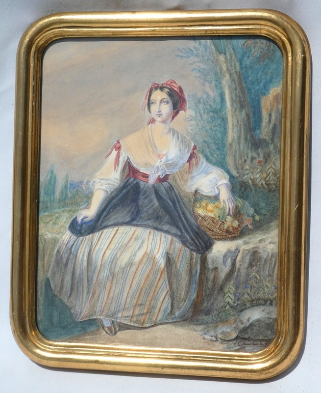 Antique Watercolor Portrait Elegant Young Woman With Fruit Basket Signed 1840s