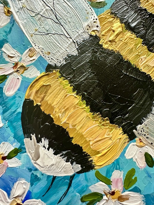 Original Acrylic Textured Canvas Painting Bumble Bee Flower Nature Art Framed gallery