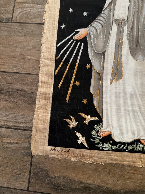 Hand-Painted Papyrus Paper Blessed Mother Mary Signed Painting Glows 25x17 gallery