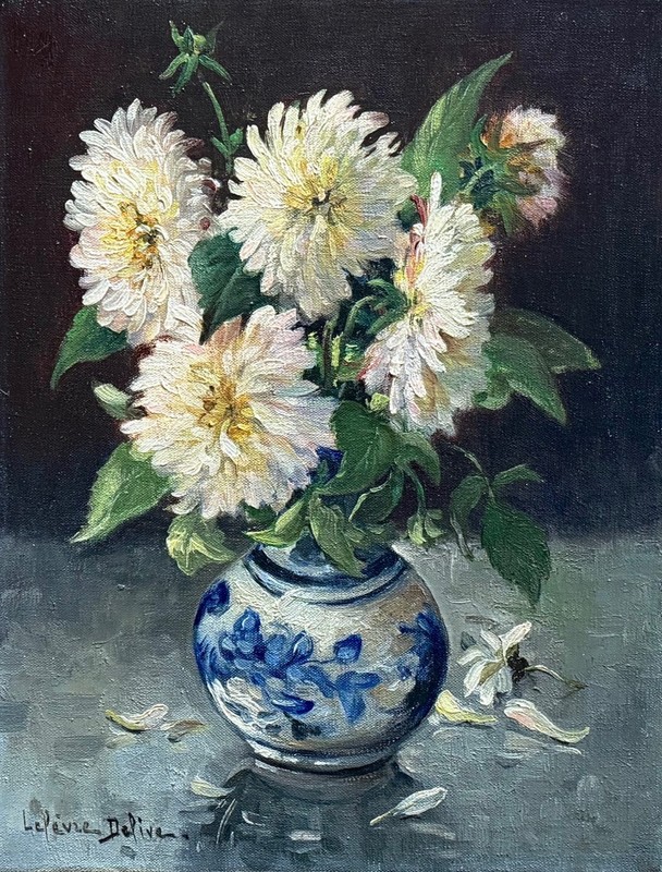 Mariette Lefèvre-Defive Vintage French Oil Painting Bouquet Flower Dahlia Signed gallery