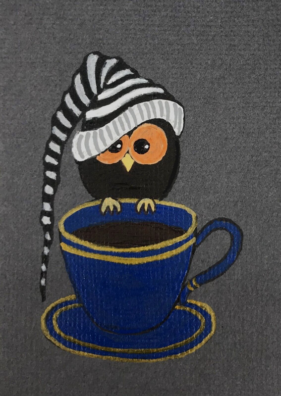 ACEO *Print* of Original Art Card Owl in Night Cap & Coffee Cup by Saulite