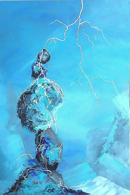 ORIGINAL Canvas Steven Graff’s «HOT ROCK» acrylic 30″Hx20″W aqua blue/lightning