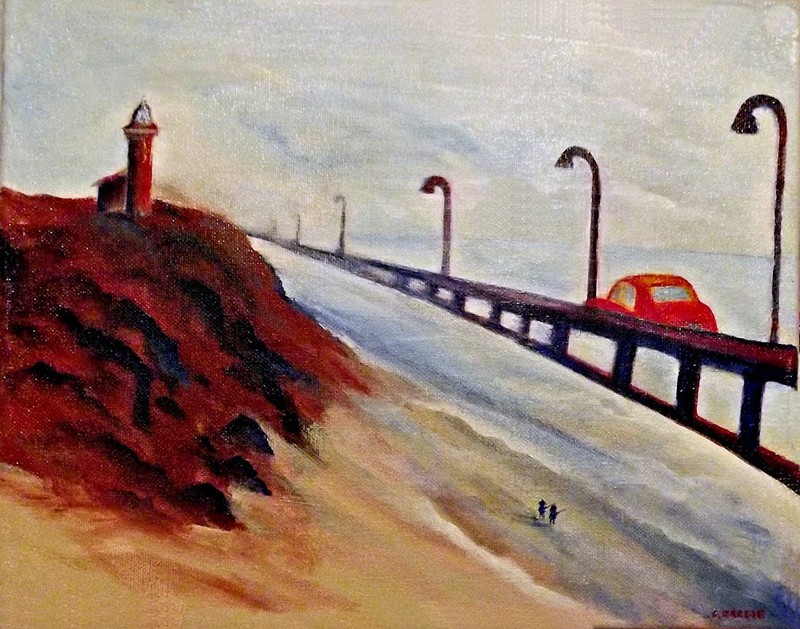 Red Car and lighthouse acrylic on canvas artist signed painting 11×14″