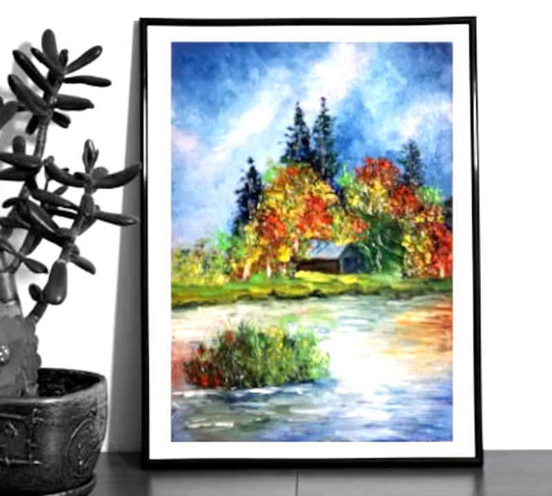 Autumn forest with river nature landscape oil painting. Without frame. 15х21 cm gallery