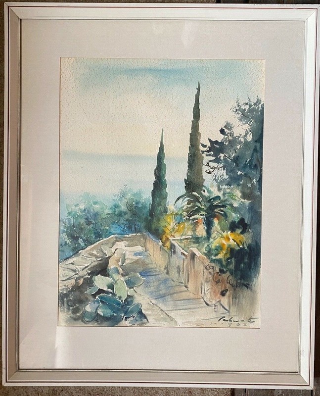 ::CYPRESSES SHORE MEDITARRAN LAKE GARDA PATIO STAIRCASE CACTUS WATERCOLOUR ANTIQUE