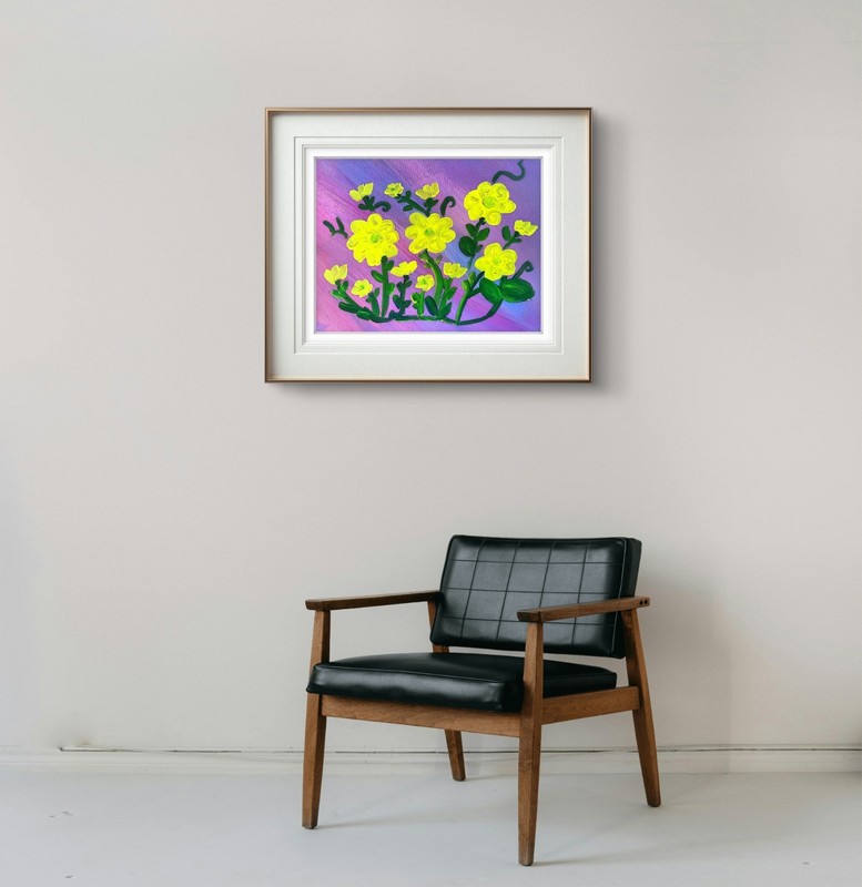 Yellow Floral Acrylic Painting Purple Flower Wall Art Original 11x14 gallery