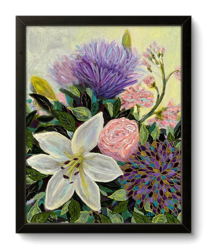 Floral Bouquet Painting Original Lily Botanical Wall Art Purple Pink 11×14 CP 14