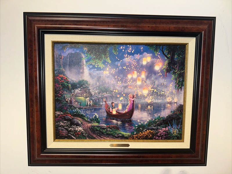 Thomas Kinkade Disney Tangled Canvas Burl Frame W/COA 12×16