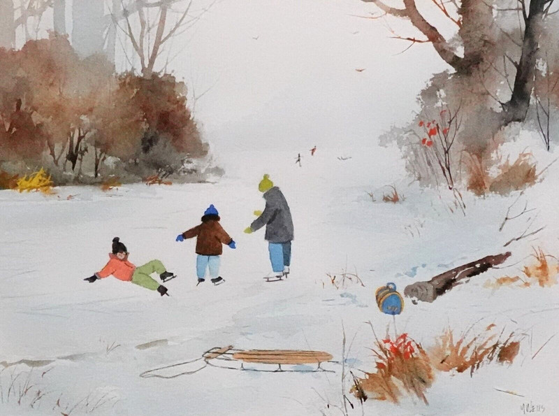 M. WELLS KIDS PLAYING IN THE SNOW ORIGINAL WATERCOLOR LANDSCAPE PAINTING gallery