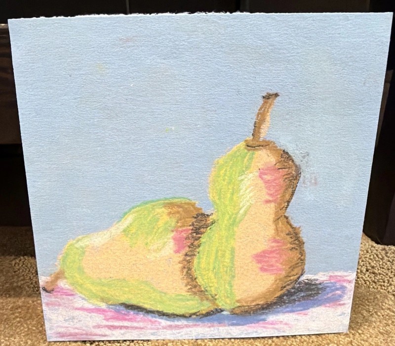 Original Pear Still Life Pastel Drawing – Hand Drawn Fruit Kitchen Art Sketch