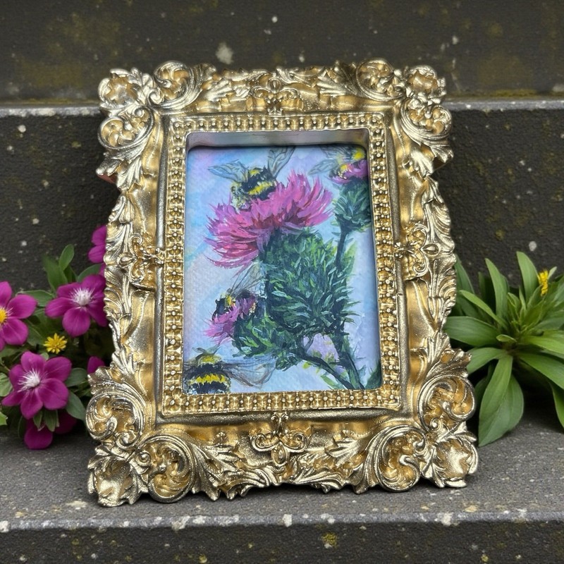 Bumble Bees Pollinating Flowers watercolor art print in mini gold ornate frame gallery