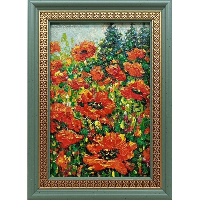 Original Oil Painting Summer Landscape Wildflowers Red Poppies Signed 4×6