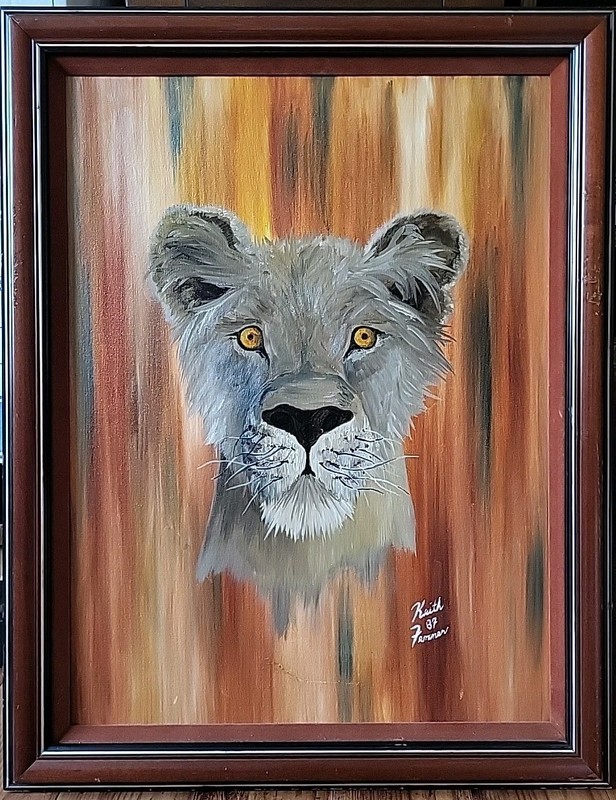 Oil painting of a lion’s head, framed, signed, 21″ x 28″