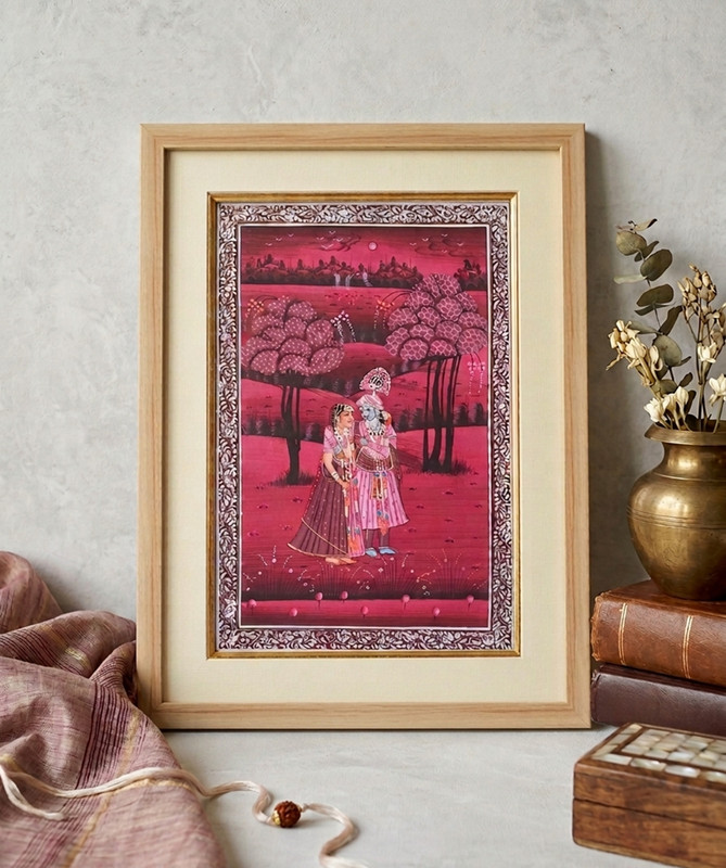 Radha Krishna Detailed Handmade Pichwai Painting – Framed Wall Art for Home