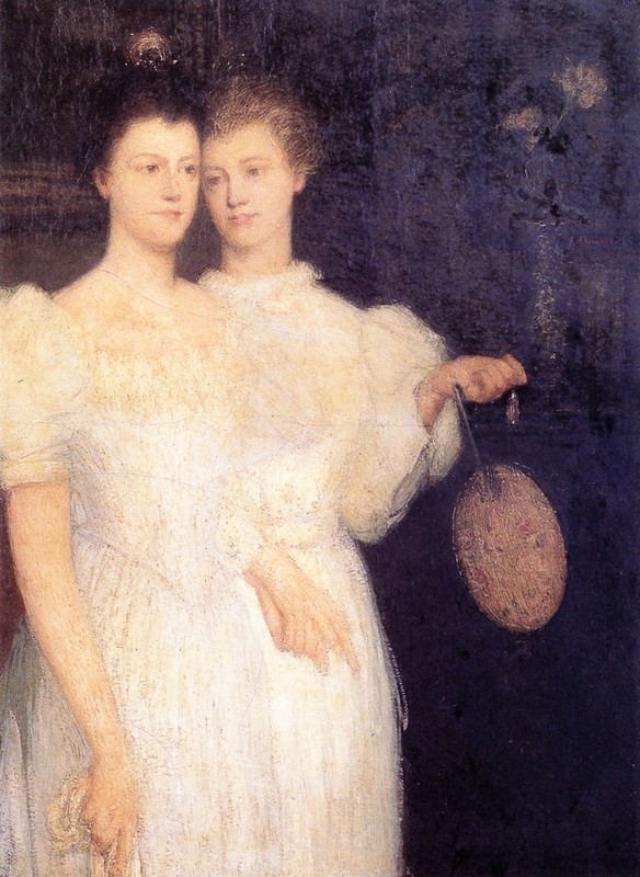 Ｏｉｌ　ｐａｉｎｔｉｎｇ julian alden weir – The Two Sisters young girls together with fan