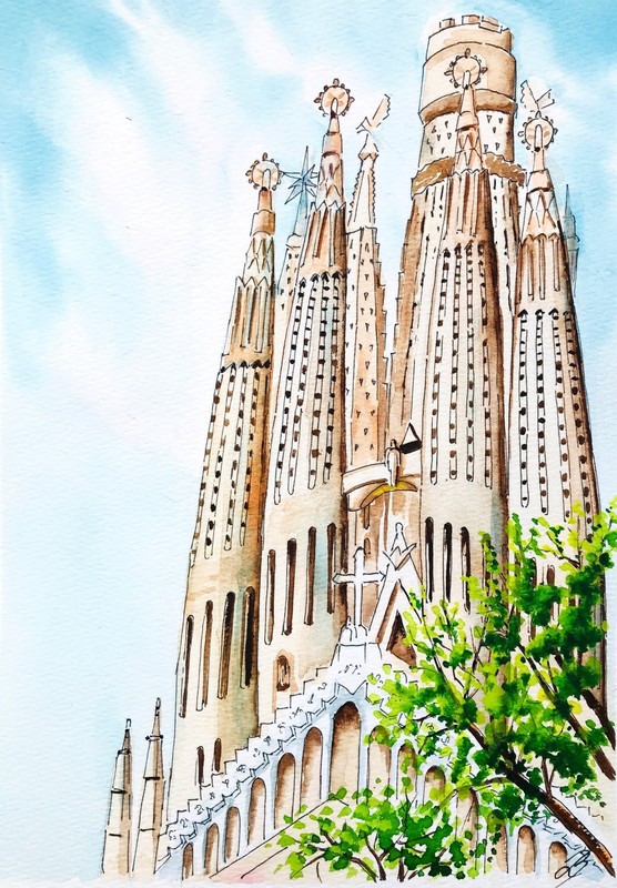 Watercolor Original Gaudi Church Decor Sagrada Familia: Barcelona Travel Art