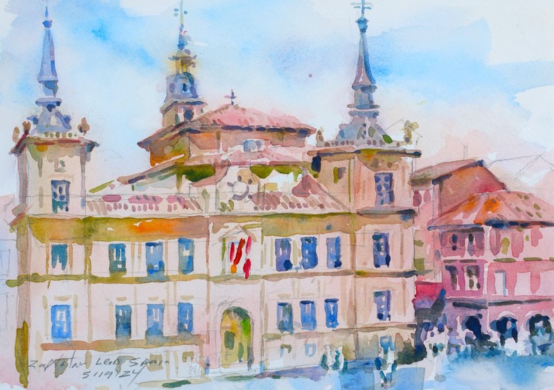 leon , Spain, scene from the Plaza Mayor, watercolor 10×7″