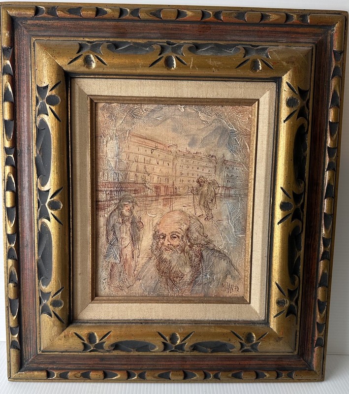 Vtg 70’s Jeanmarie Gallery NY Bearded Men City Scene Painting Milan Italy Framed gallery