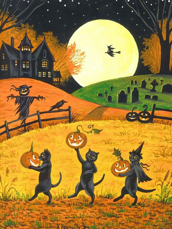 11×14 Print of Painting RYTA ART Halloween Black Cat Witch Haunted House folk 🍁