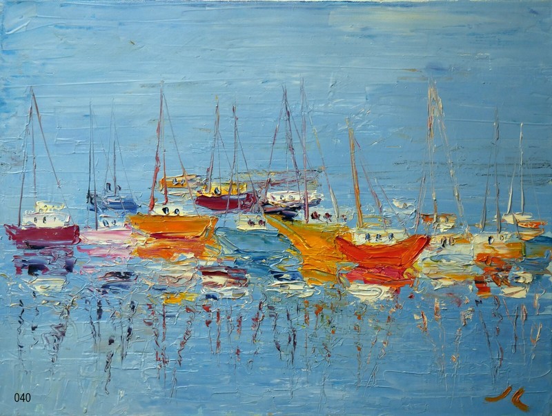 «Harbor Boats» # 040- Original Oil Painting by Julia Lu 18×24″