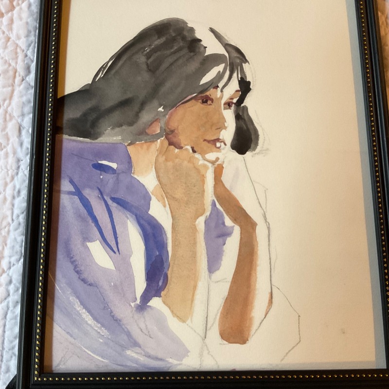90s woman portrait original watercolor PAINTING framed hand painted gallery