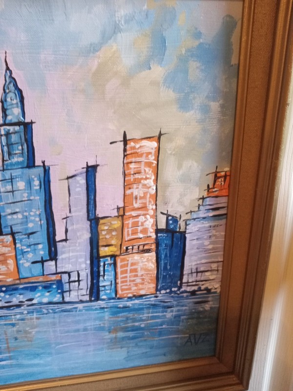 Vintg Oil On Canvas Abstract Expressionist NYC Cityscape Seaport Signed AVZ '70 gallery