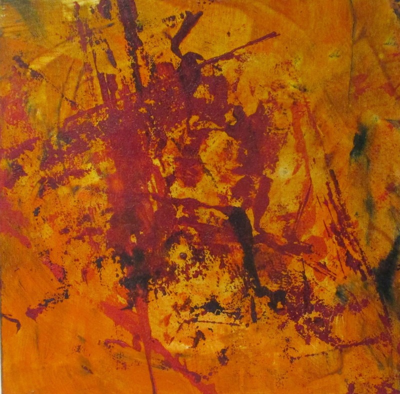 abstract green orange mixed media oil painting LW 40x40x6 cm color composition original gallery
