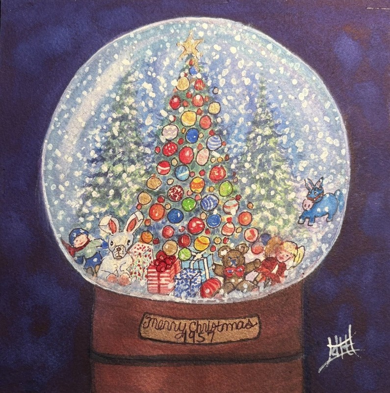 WATERCOLOR ORIGINAL 8×8 Old Time Christmas Snow Globe Holiday Ornaments Tree Art