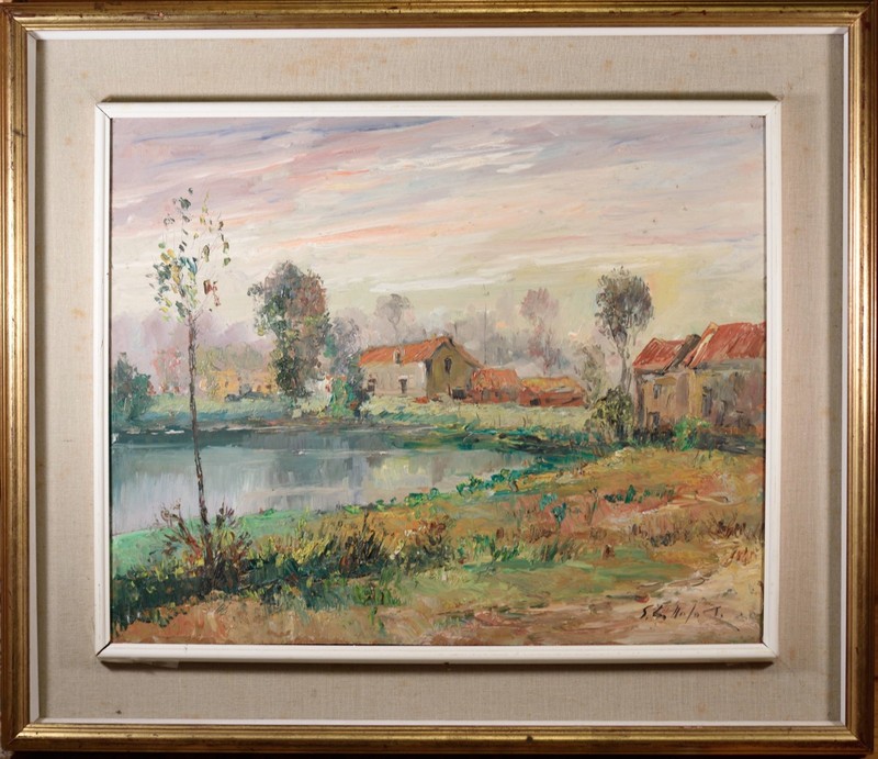 Beautiful Original Impressionist Oil Painting, Home on Lake, Illegibly Signed! gallery