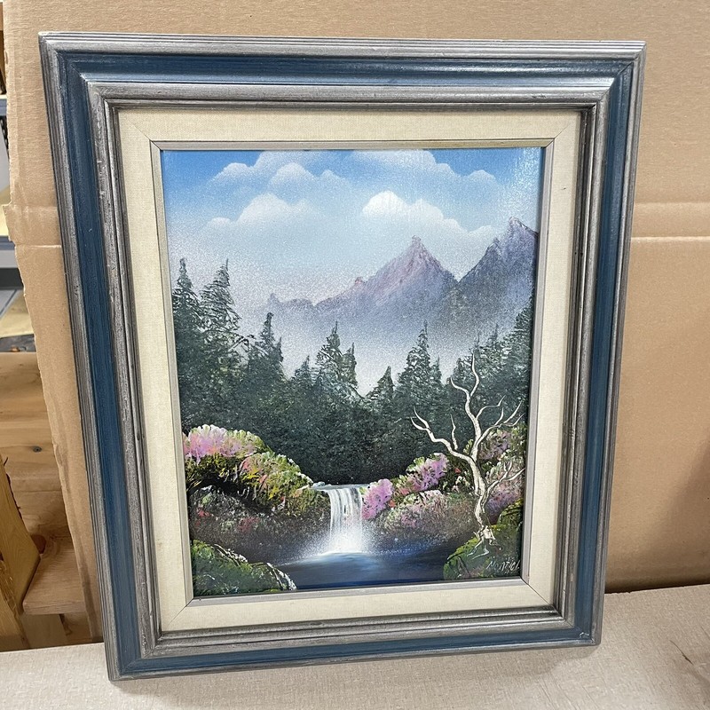 Beautiful Blue Wood Framed Painting Art Mountains Waterfall Signed 16×19.5 – HN