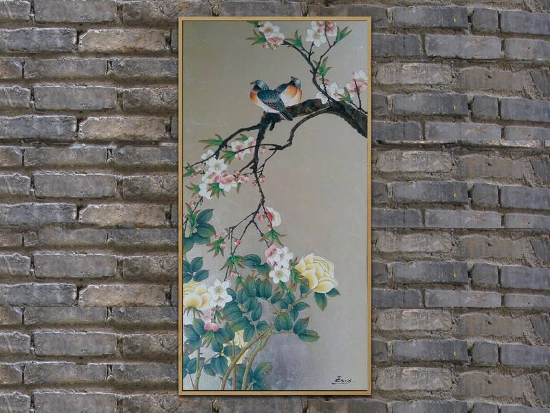 Oil painting,Birds painting,,Flowers painting,Silver foil painting,Framed