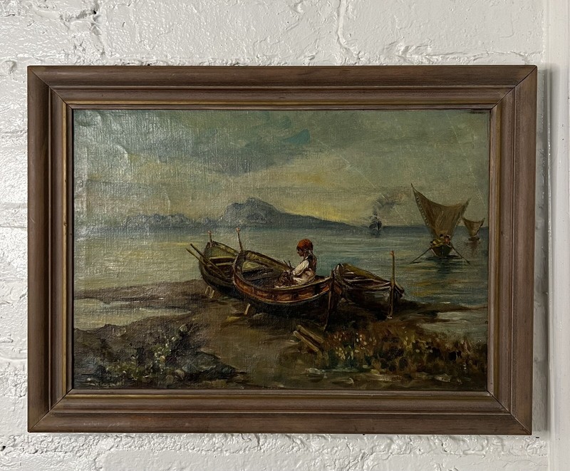 Vintage Ocean Sailing Fishing Oil Painting