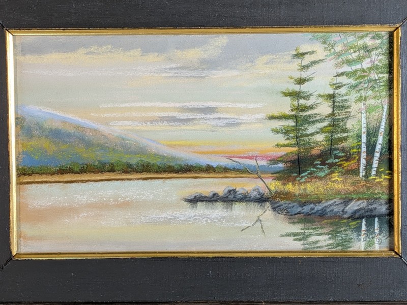 Marie Cage Kimball 1844-1911 impressionist oil pastel landscape lake painting TX
