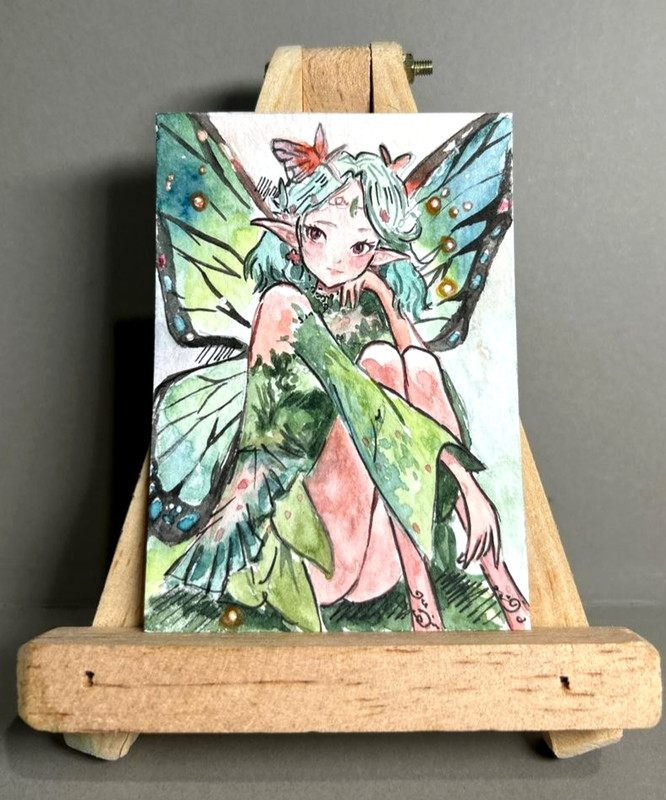 ACEO Original Watercolor Painting Fairy Butterfly Wings Fantasy Art OOAK