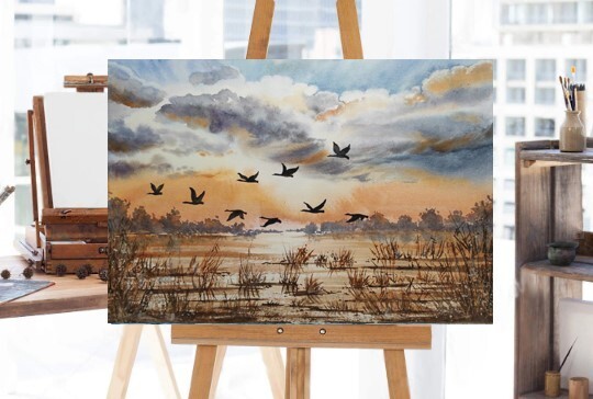 DUCKS FLY CLOUDY SKY Original Art Painting Landscape GEESE FLY Bob Ross Style A4 gallery