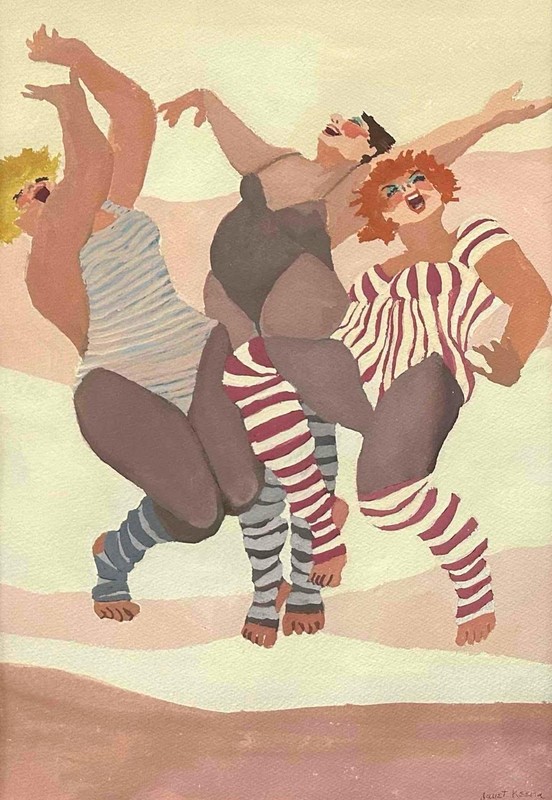 Janet Keena – Fun Jazzercise Gouache Painting 1980s – BBWs Dancing in Leotards