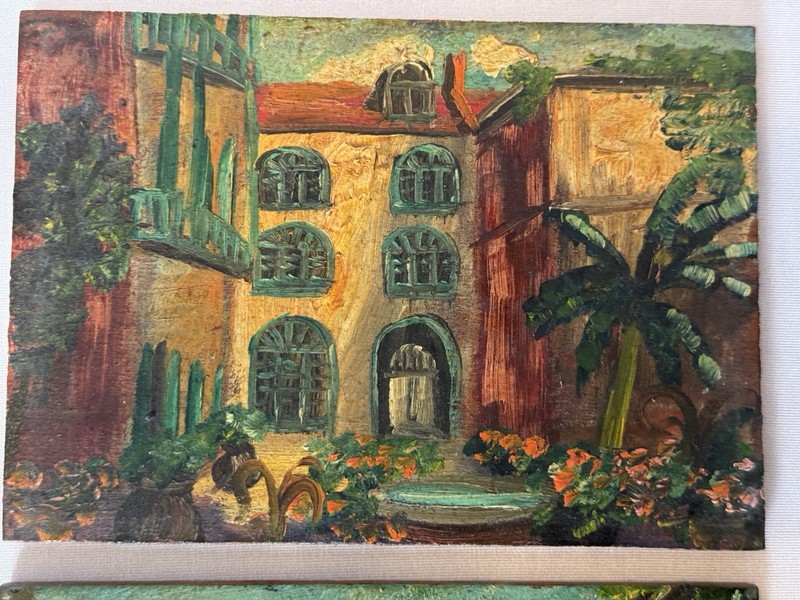 Antique NEW ORLEANS French Quarter COURTYARD Oil Painting 5x7 PAIR Louisiana Art gallery
