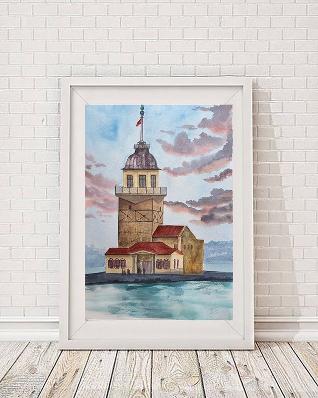 Kiz Kulesi Maiden's Tower Instanbul Original Watercolor Paintin Landscape 11*16 gallery
