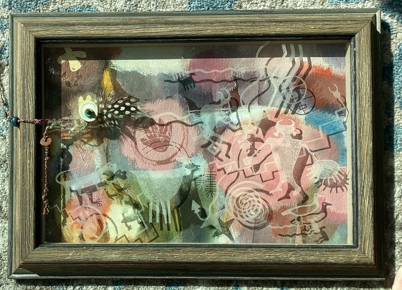 Sally Von Conta “Kokopelli Do Your Rock Dance” Mixed Media Watercolor Lucite Art