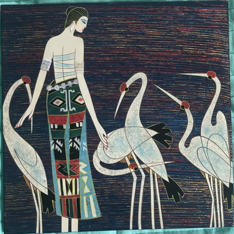 Modern Figurative Woman and Cranes Painting , Small Unframed Art