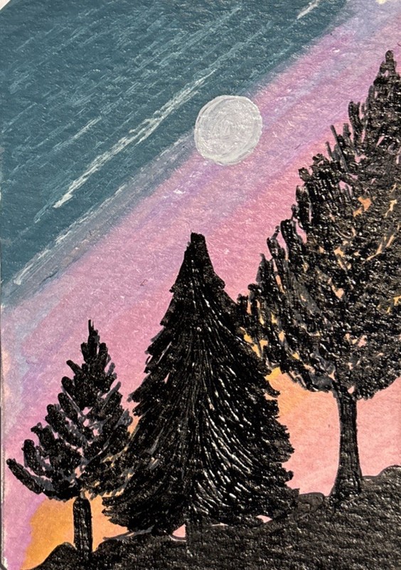 Pine Forest Sunset Landscape ACEO Original Acrylic Moon Night Sky ATC OOAK ART