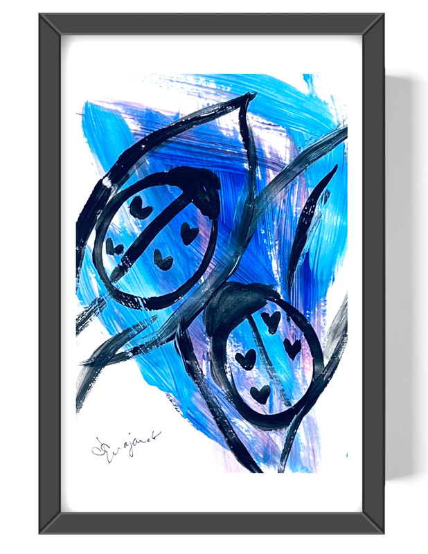 Guajardo Art: Blue Ladybugs in Love 9X6 Paper Neo Expressionism