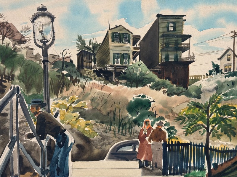 PAUL HARRISON SIGNED ORIGINAL WATERCOLOR PAINTING STEPS UP CINCINATI 20TH C. ART gallery