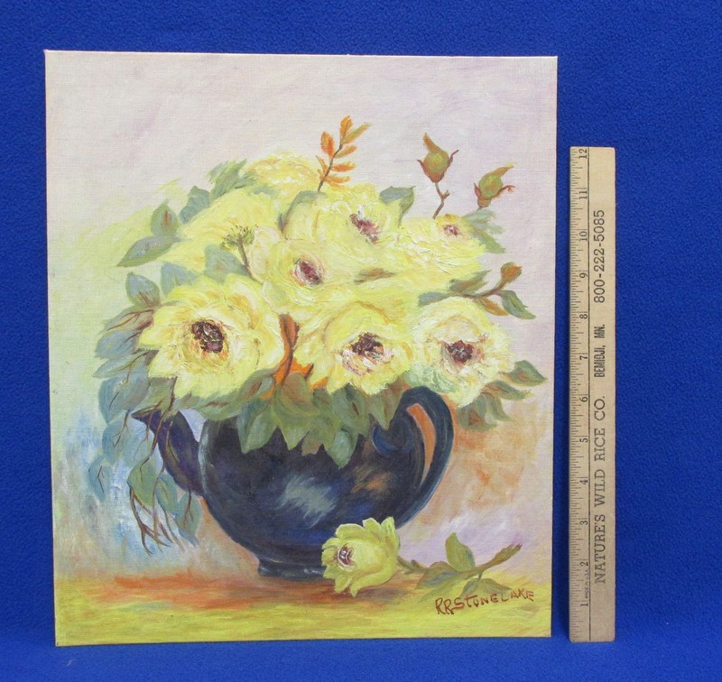 Oil Painting Yellow Flower Bouquet By RR Stonelake & Glass Vase & Flowers Lot 3 gallery