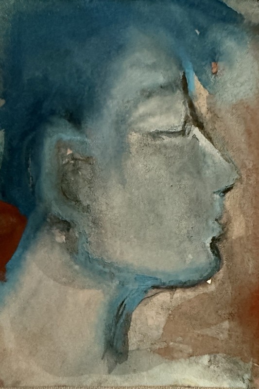 ACEO Abstract Portraiture Painting of Man in Profile, Blue/Grey Tones OOAK