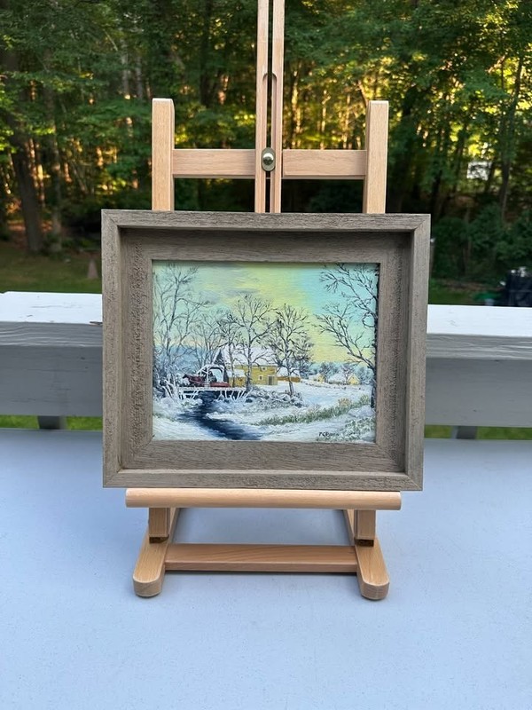 Framed Painting Currier Ives Style Country Winter Farm with Horse Sleigh Bridge