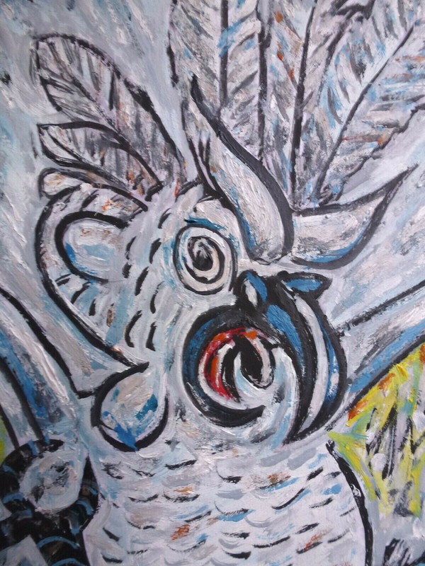WILD CRAZY COCKATOO bird pet original 8x10 wood new painting signed Crowell gallery