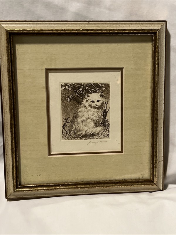 Cat Among Branches Print Signed Japanese Artist Yachiyo Naito Gold Frame