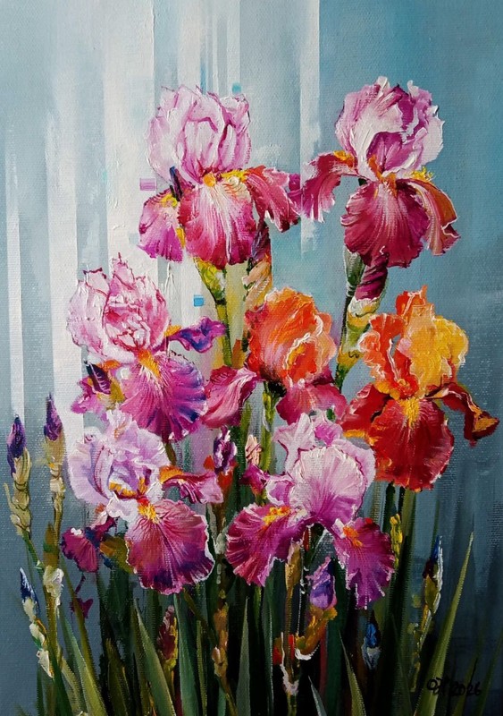 Original Oil Painting Iris Flowers Floral Art Impasto Canvas 35×25 cm