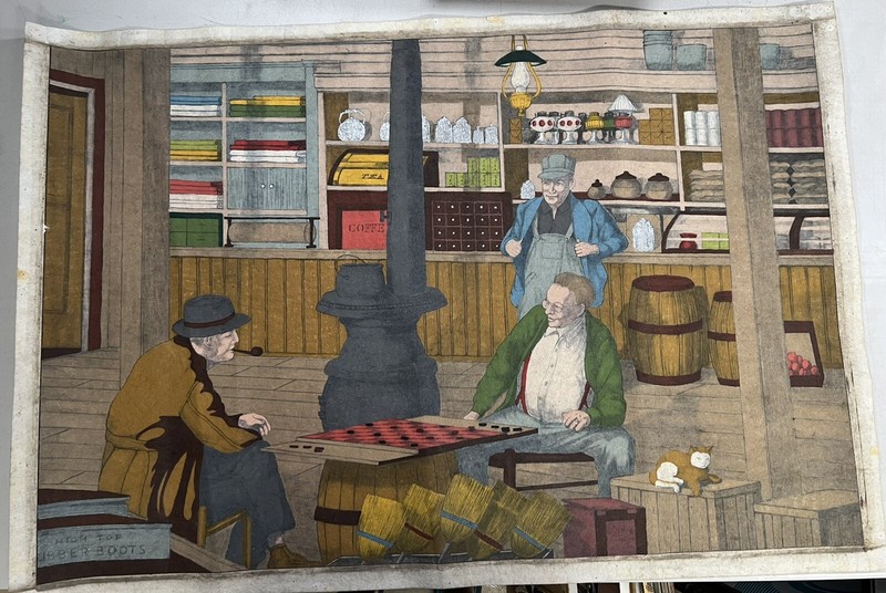 Men in Storeroom Playing Checkers, Vintage Illustrastion Painting On Felt Canvas
